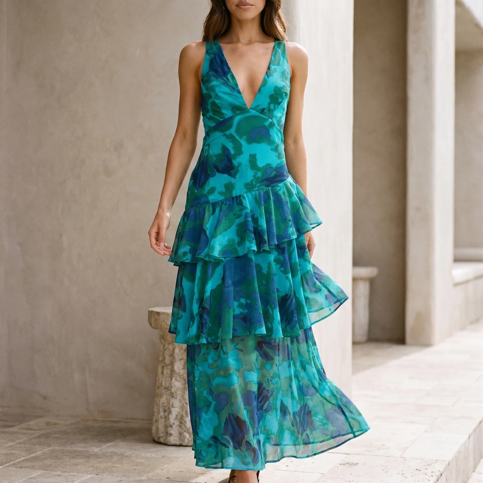 Maxi Dress - For Women - Deep V-Neckline - Tiered Ruffle Skirt - Sleeveless - Abstract Print