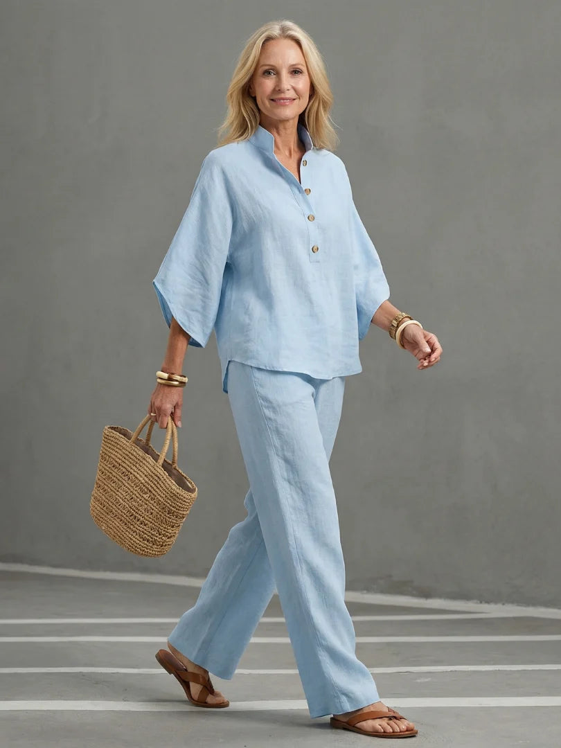 BohoEase Collection | Women's Band-Collar Tunic Set with Wide-Leg Pants | Relaxed Fit for Warm Weather Comfort 0