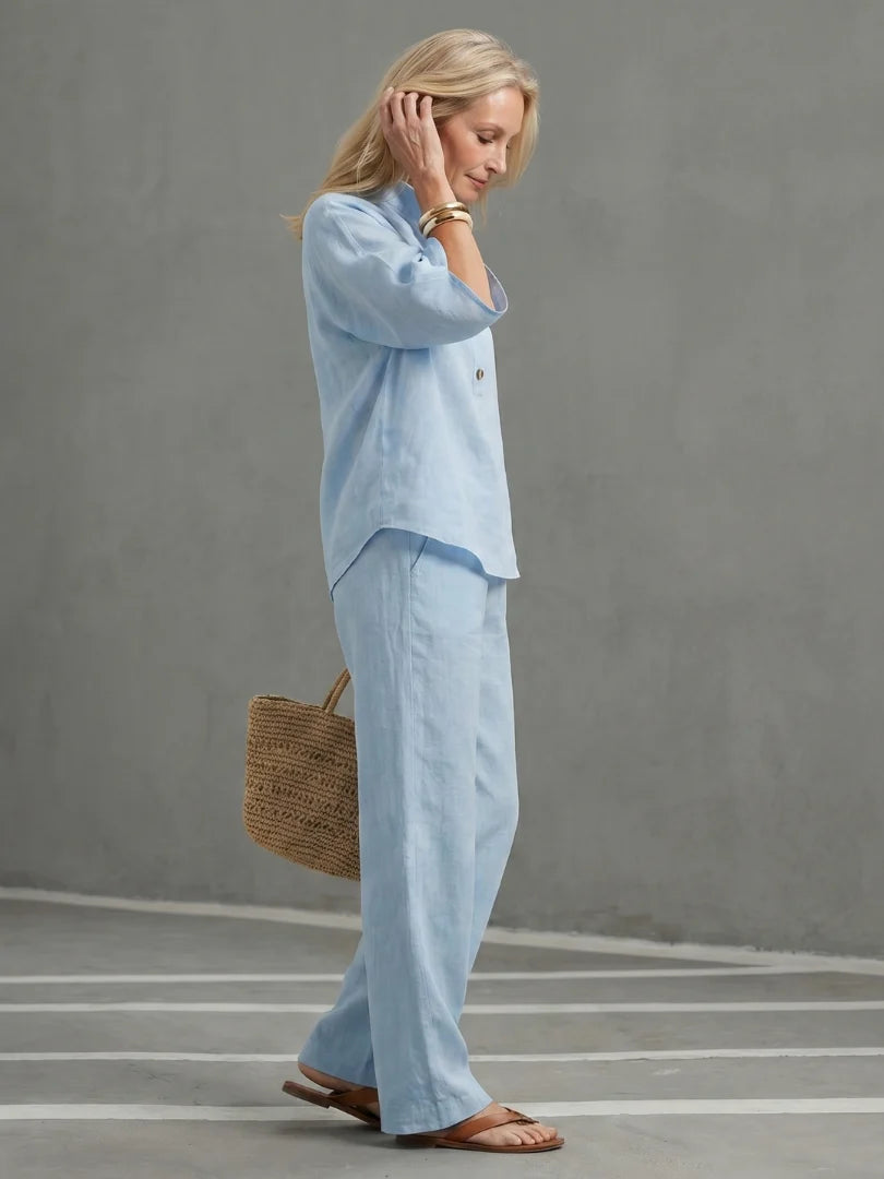 BohoEase Collection | Women's Band-Collar Tunic Set with Wide-Leg Pants | Relaxed Fit for Warm Weather Comfort 1