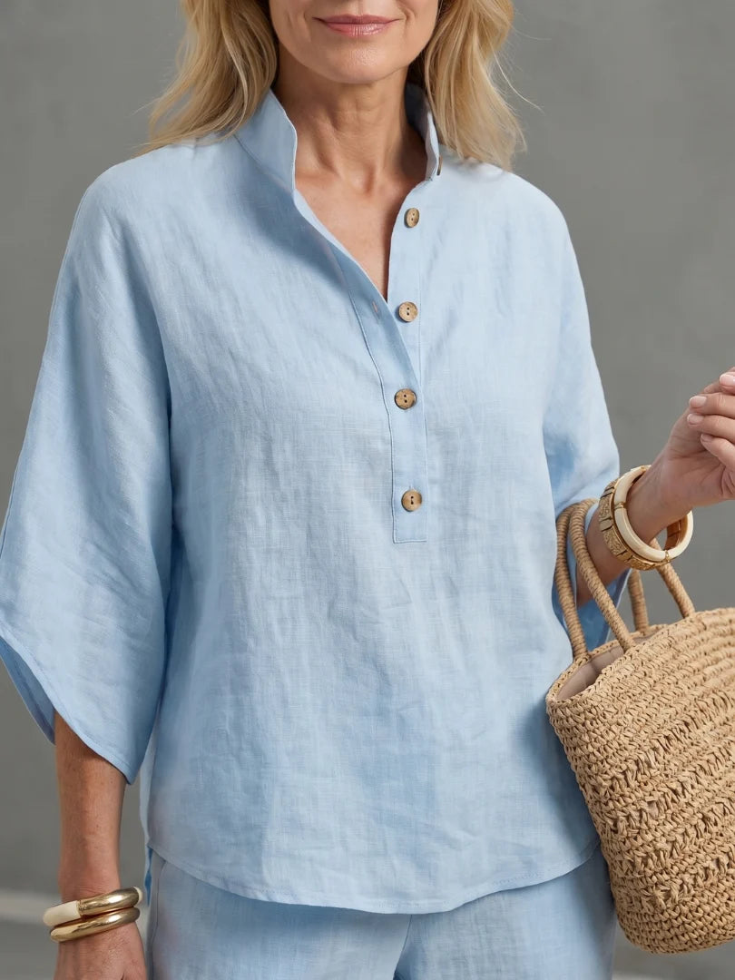 BohoEase Collection | Women's Band-Collar Tunic Set with Wide-Leg Pants | Relaxed Fit for Warm Weather Comfort 2