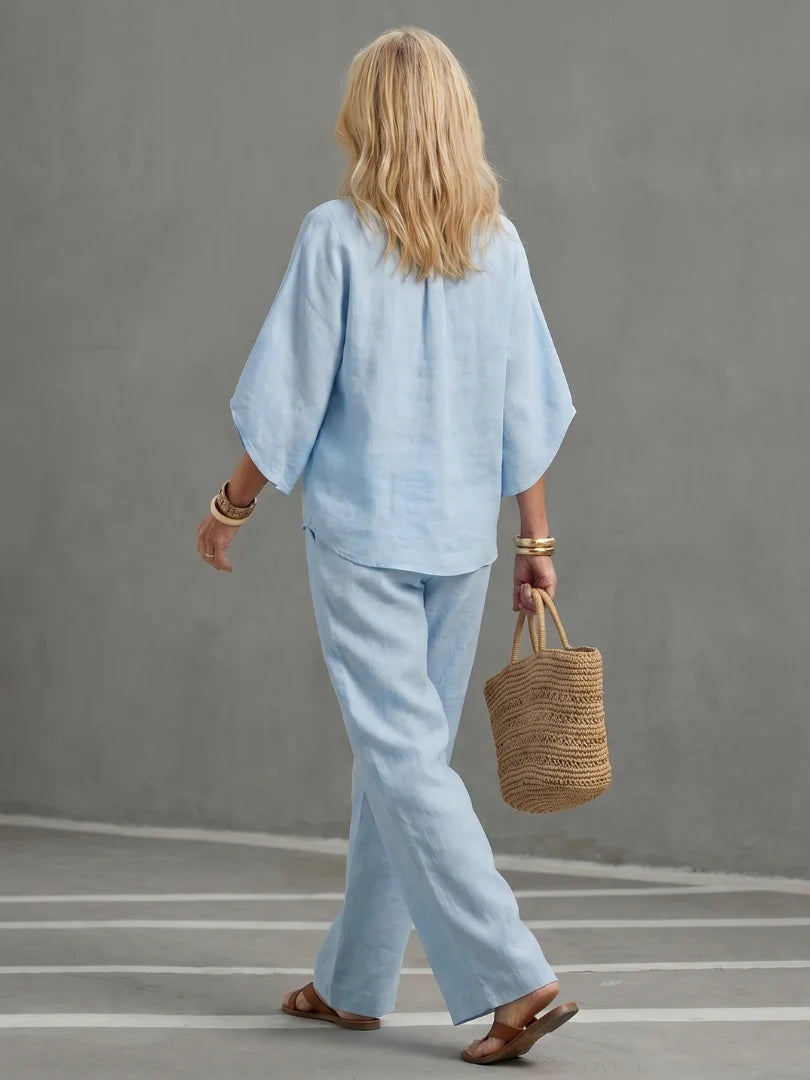 BohoEase Collection | Women's Band-Collar Tunic Set with Wide-Leg Pants | Relaxed Fit for Warm Weather Comfort 3