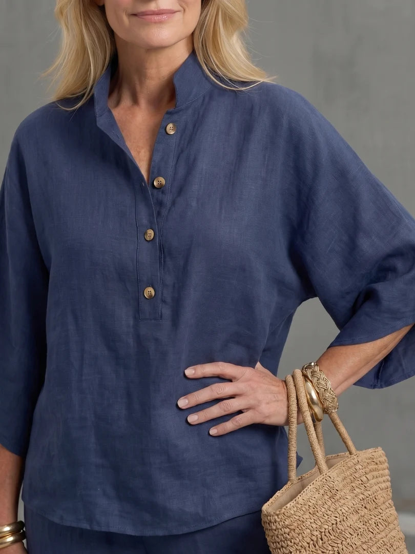 BohoEase Collection | Women's Band-Collar Tunic Set with Wide-Leg Pants | Relaxed Fit for Warm Weather Comfort 5