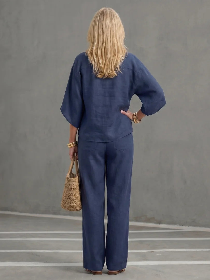 BohoEase Collection | Women's Band-Collar Tunic Set with Wide-Leg Pants | Relaxed Fit for Warm Weather Comfort 6
