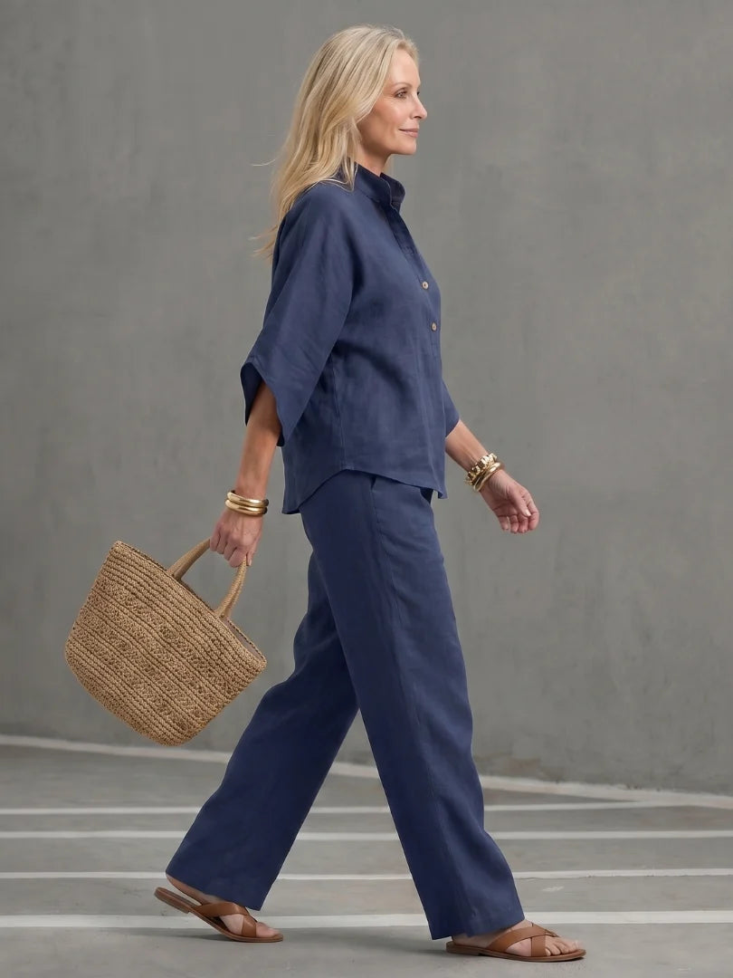 BohoEase Collection | Women's Band-Collar Tunic Set with Wide-Leg Pants | Relaxed Fit for Warm Weather Comfort 7