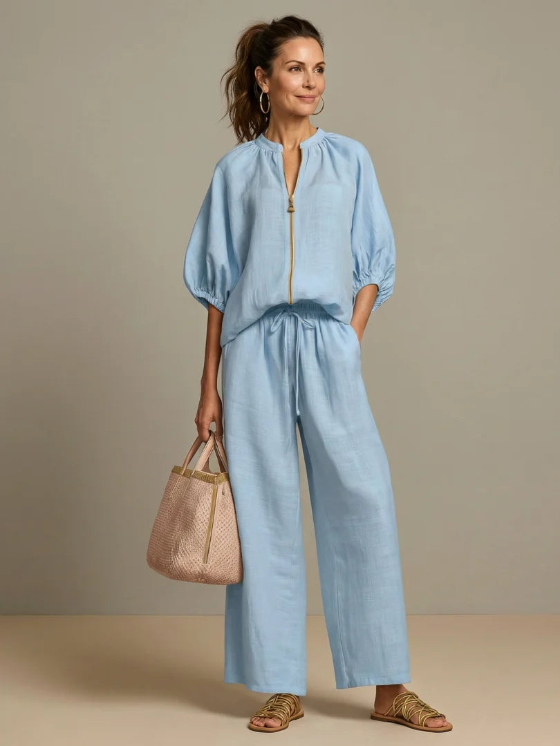 Boho Chic | Women's Two Piece Set with Puff Sleeves & Wide-Leg Pants | Casual Co Ord for Effortless Elegance 0