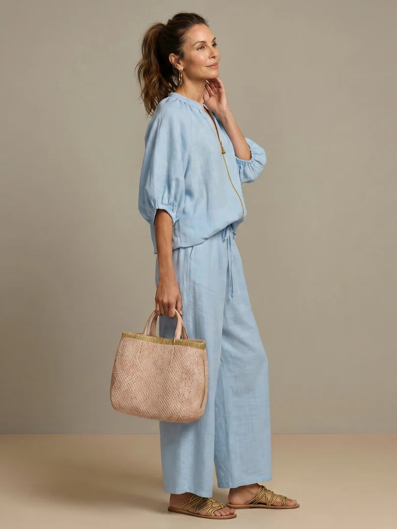 Boho Chic | Women's Two Piece Set with Puff Sleeves & Wide-Leg Pants | Casual Co Ord for Effortless Elegance 1