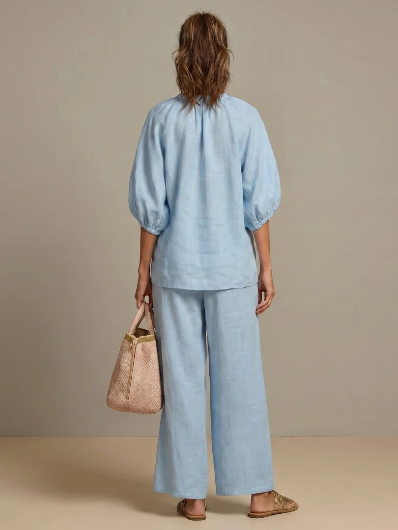 Boho Chic | Women's Two Piece Set with Puff Sleeves & Wide-Leg Pants | Casual Co Ord for Effortless Elegance 3
