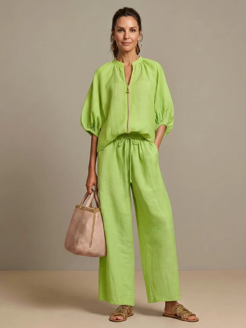 Boho Chic | Women's Two Piece Set with Puff Sleeves & Wide-Leg Pants | Casual Co Ord for Effortless Elegance 4