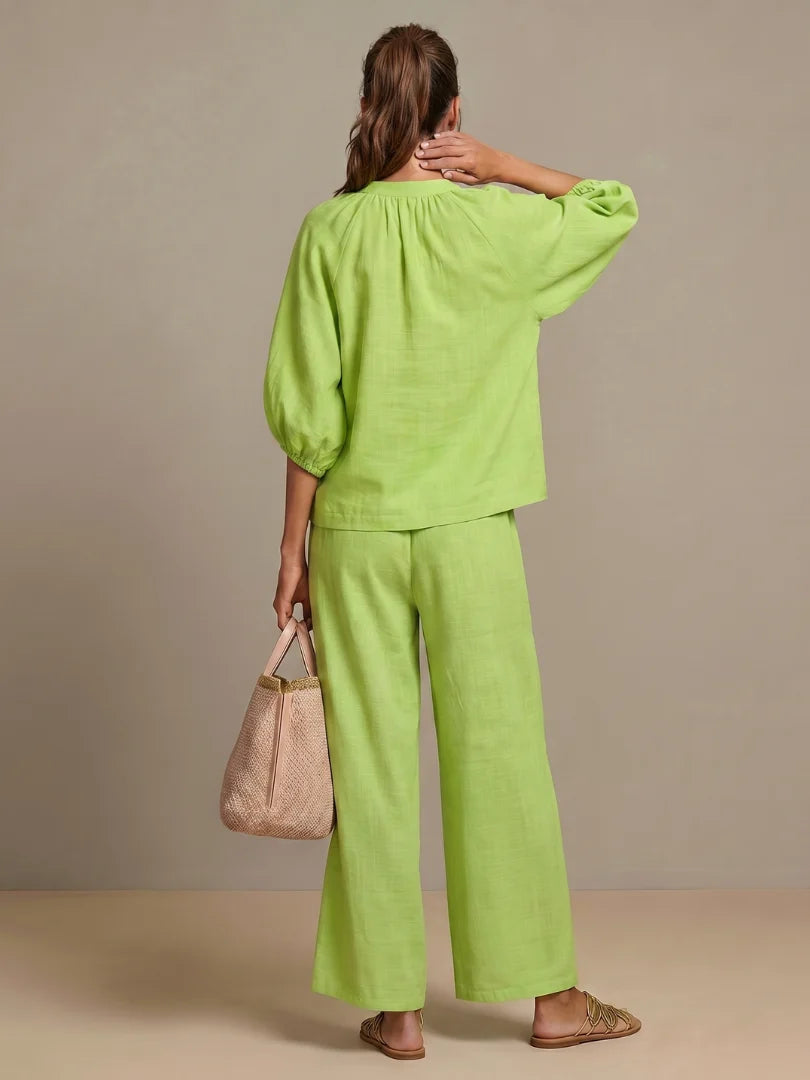 Boho Chic | Women's Two Piece Set with Puff Sleeves & Wide-Leg Pants | Casual Co Ord for Effortless Elegance 7