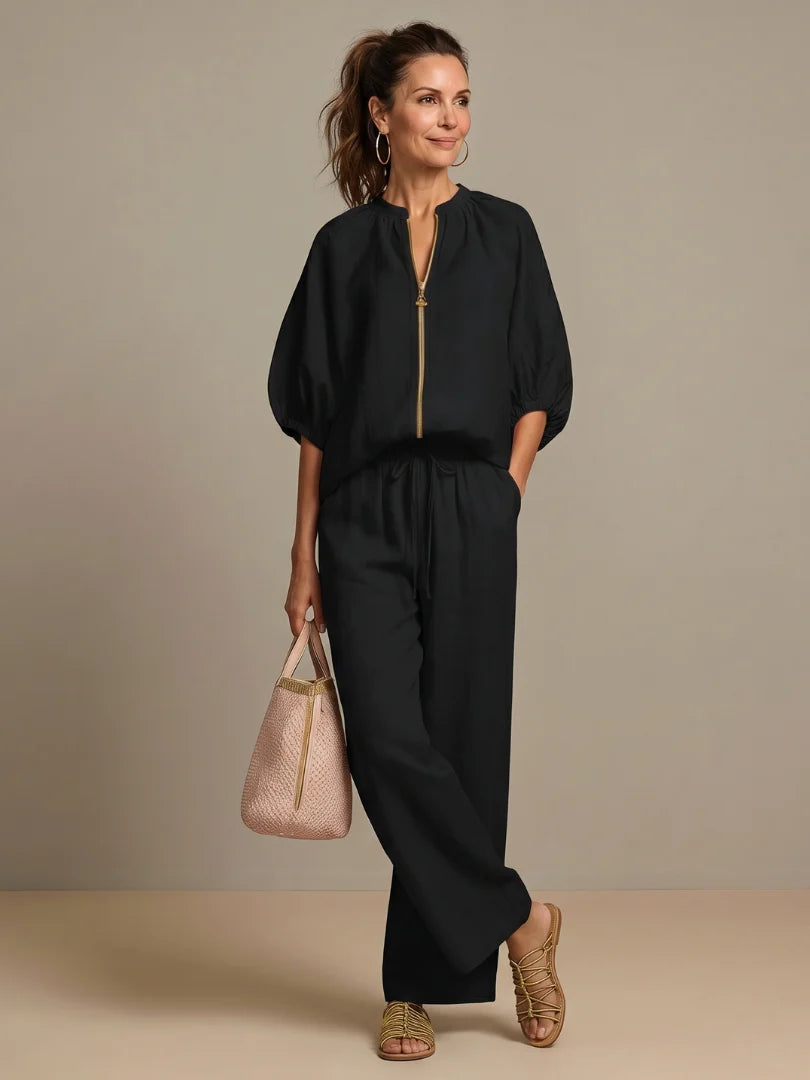Boho Chic | Women's Two Piece Set with Puff Sleeves & Wide-Leg Pants | Casual Co Ord for Effortless Elegance 9