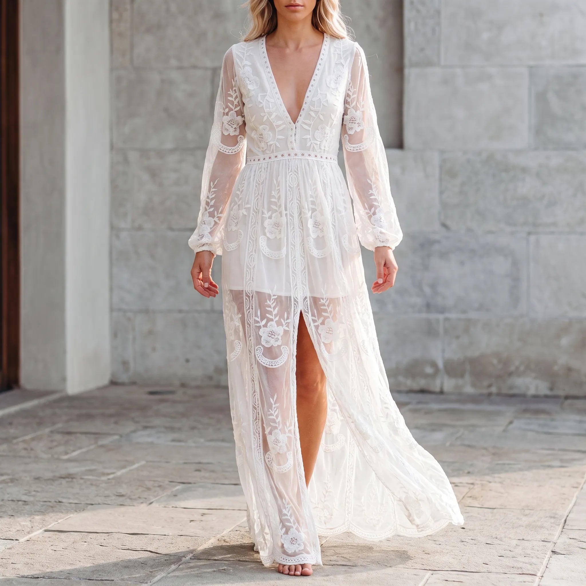 Catherine  - Sheer Floral Embroidered Maxi Dress