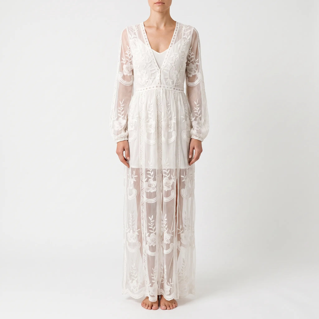 Catherine  - Sheer Floral Embroidered Maxi Dress
