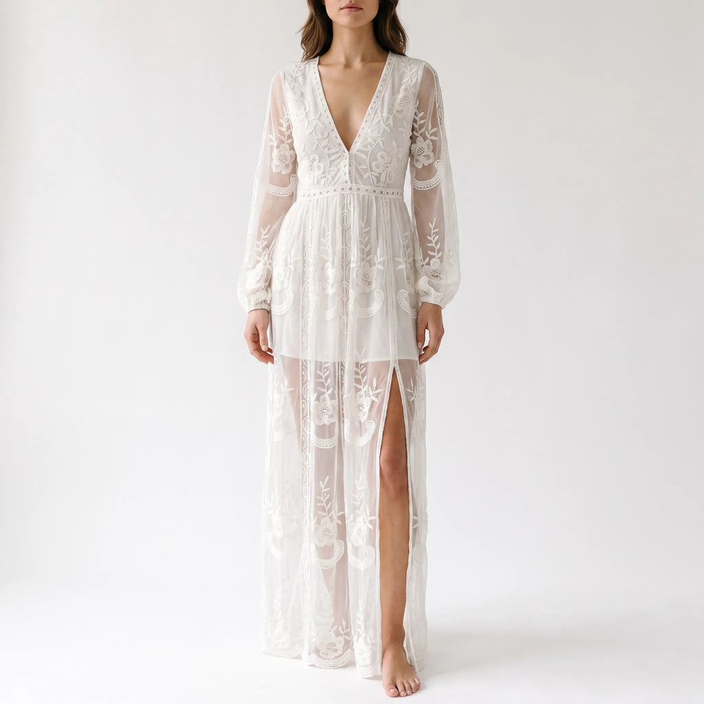 Catherine  - Sheer Floral Embroidered Maxi Dress
