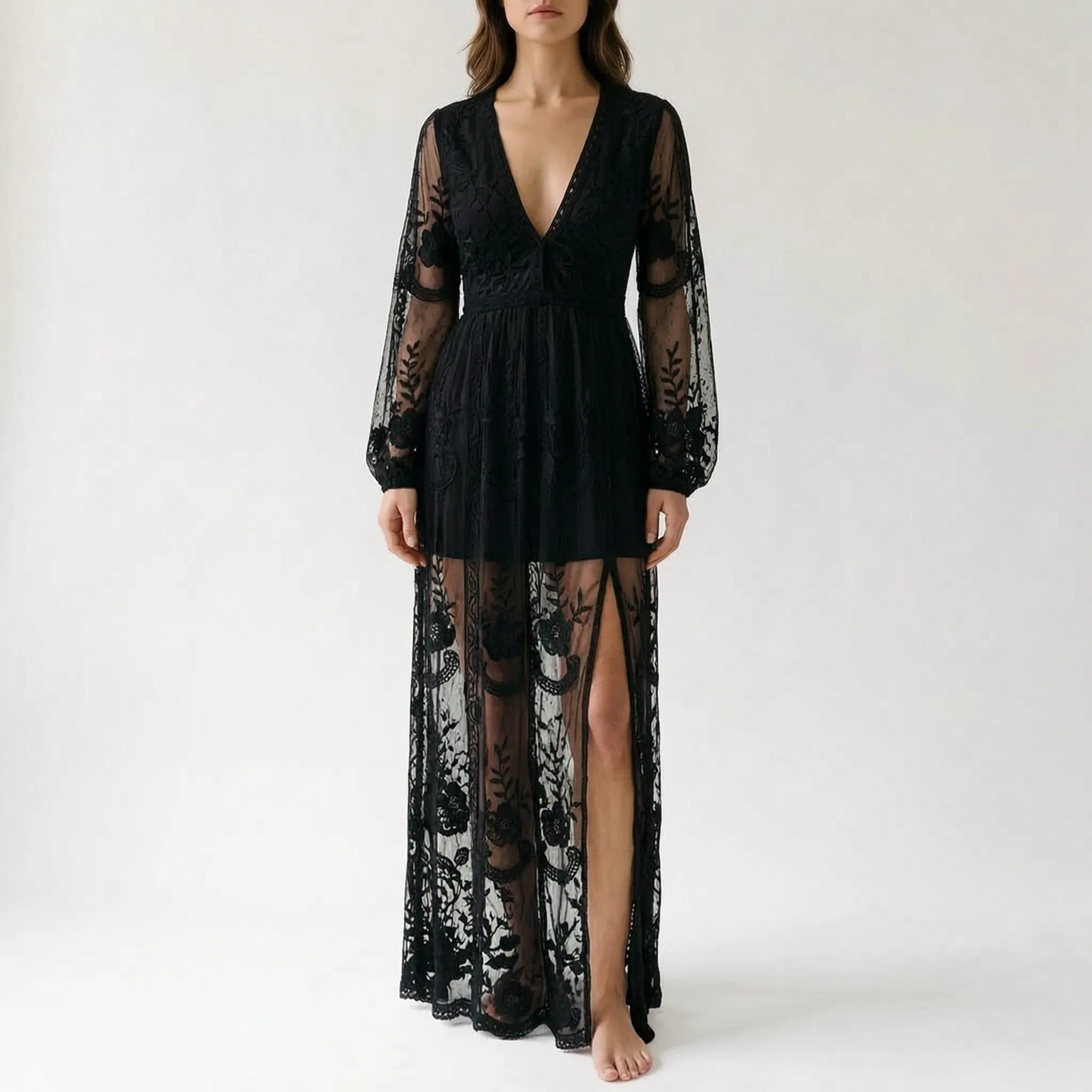 Catherine  - Sheer Floral Embroidered Maxi Dress