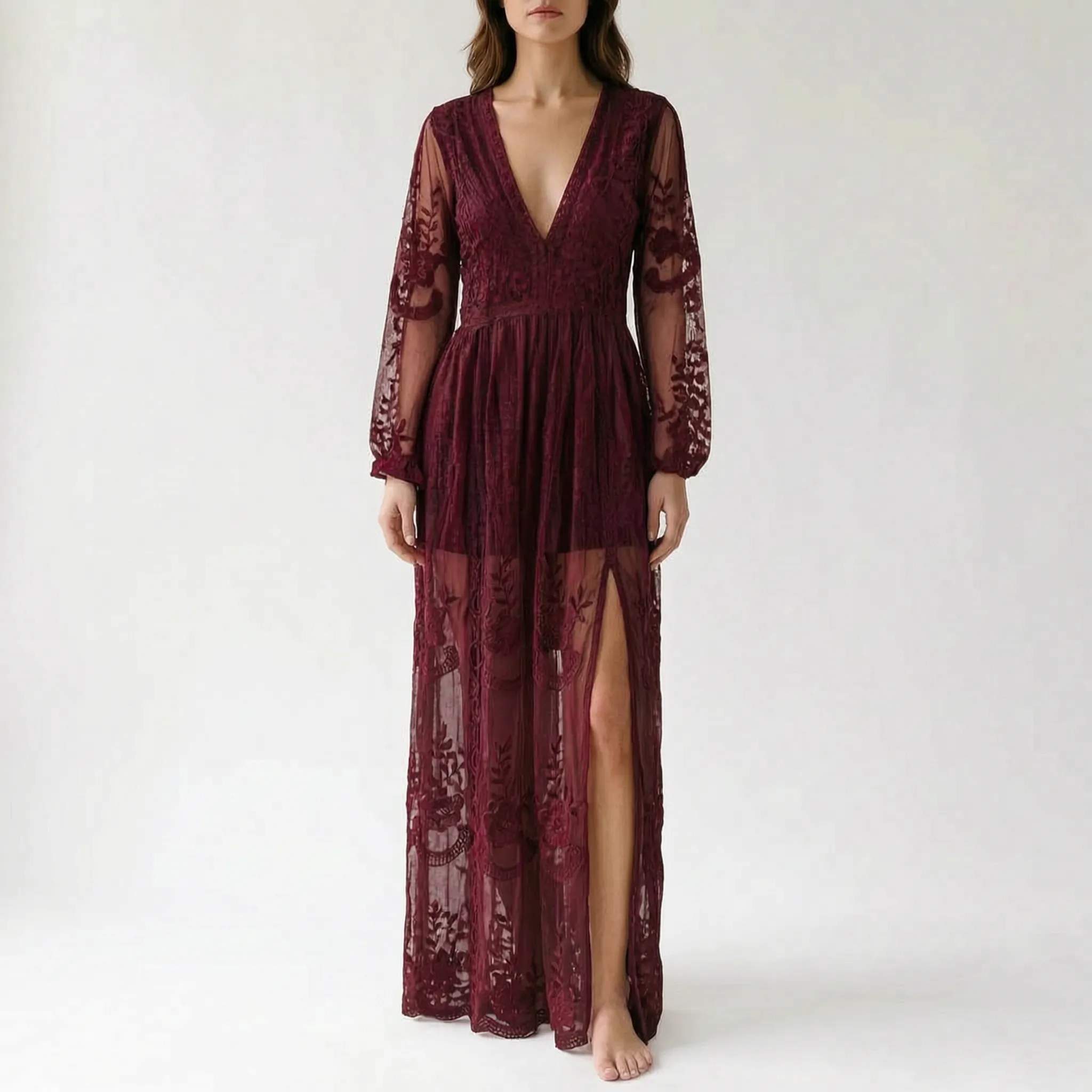 Catherine  - Sheer Floral Embroidered Maxi Dress