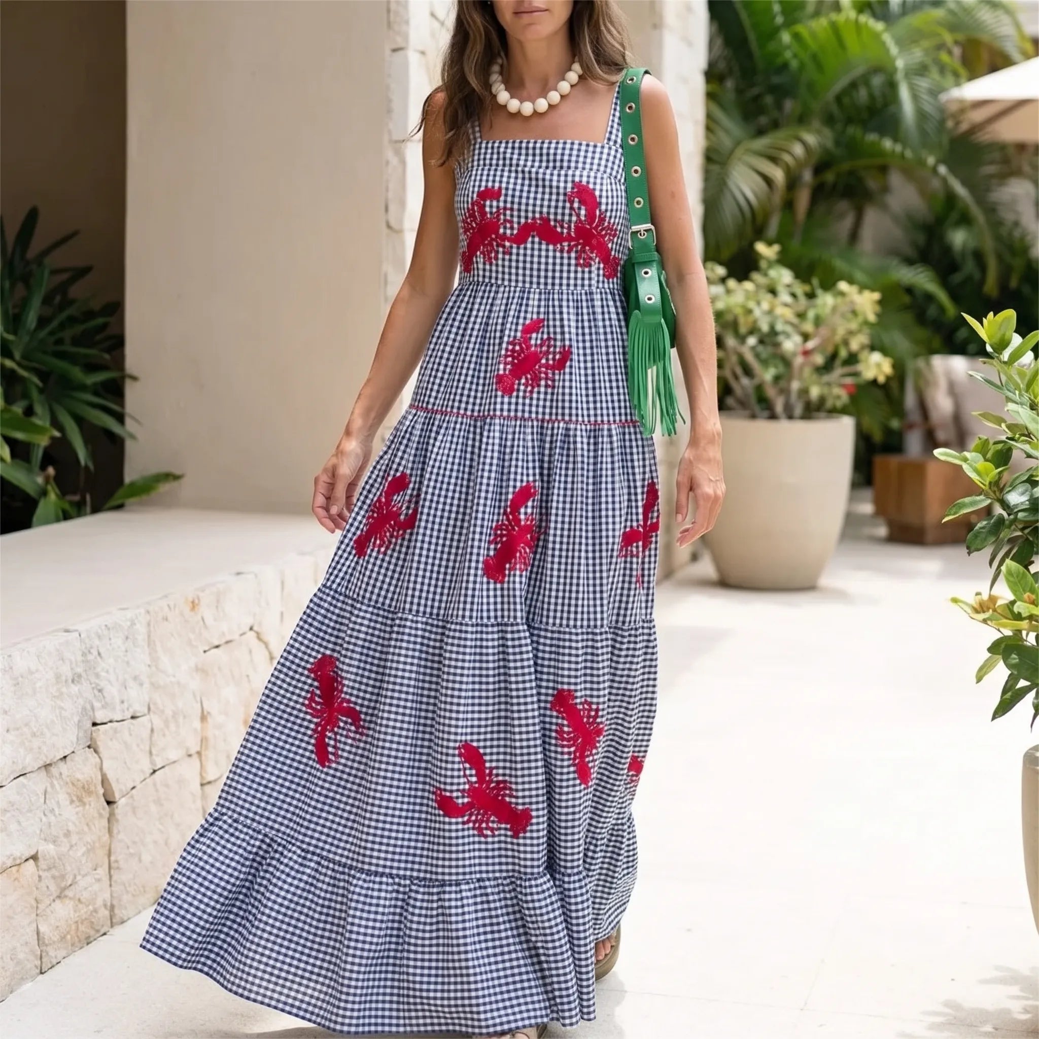 Crystal  - Gingham Print Square Neck Midi Dress