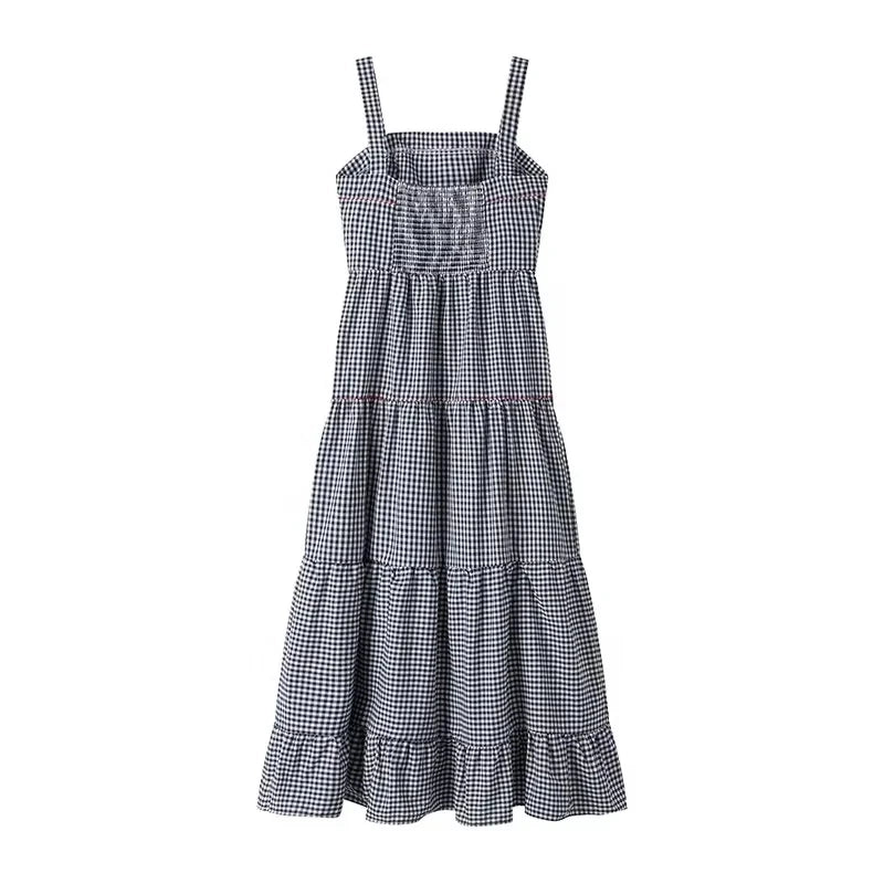 Crystal  - Gingham Print Square Neck Midi Dress