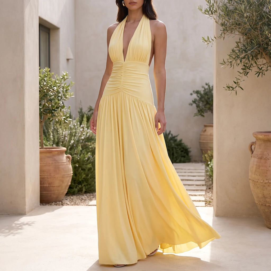 Karla  - Plunging Halterneck Yellow Maxi Dress