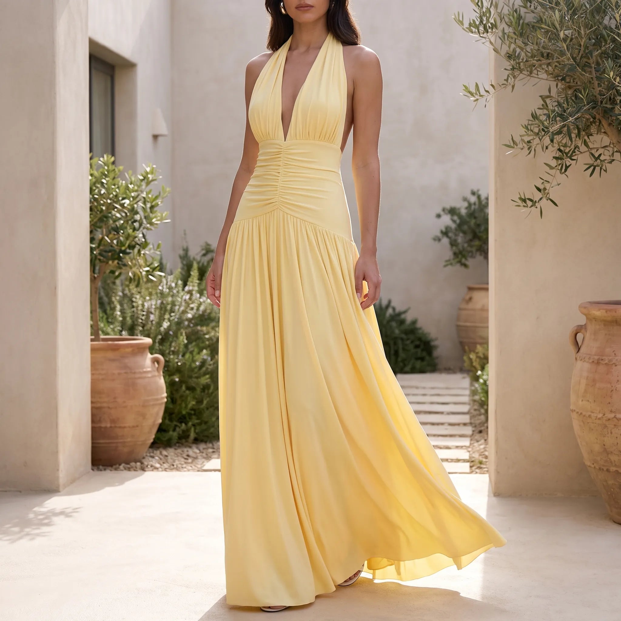 Karla  - Plunging Halterneck Yellow Maxi Dress