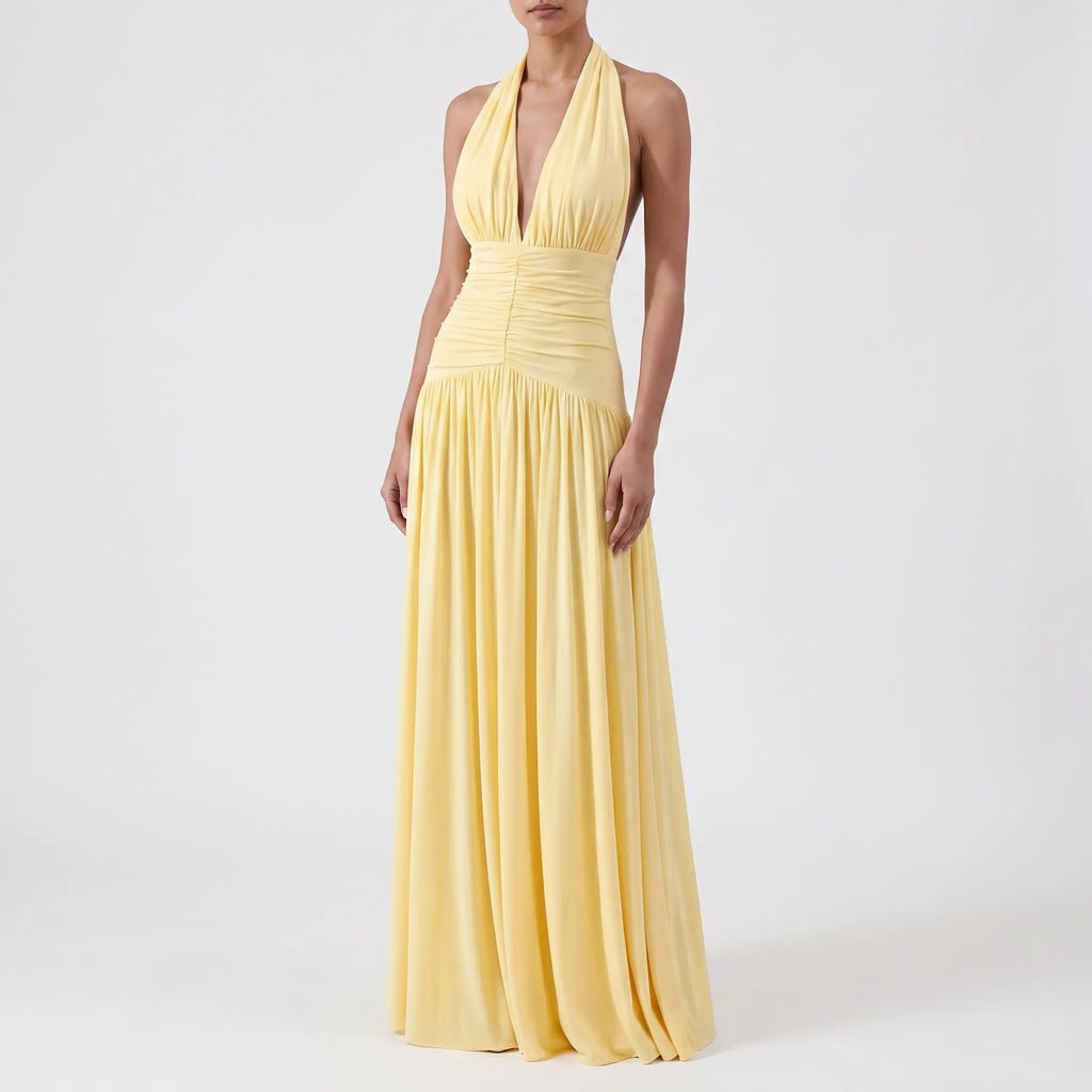 Karla  - Plunging Halterneck Yellow Maxi Dress