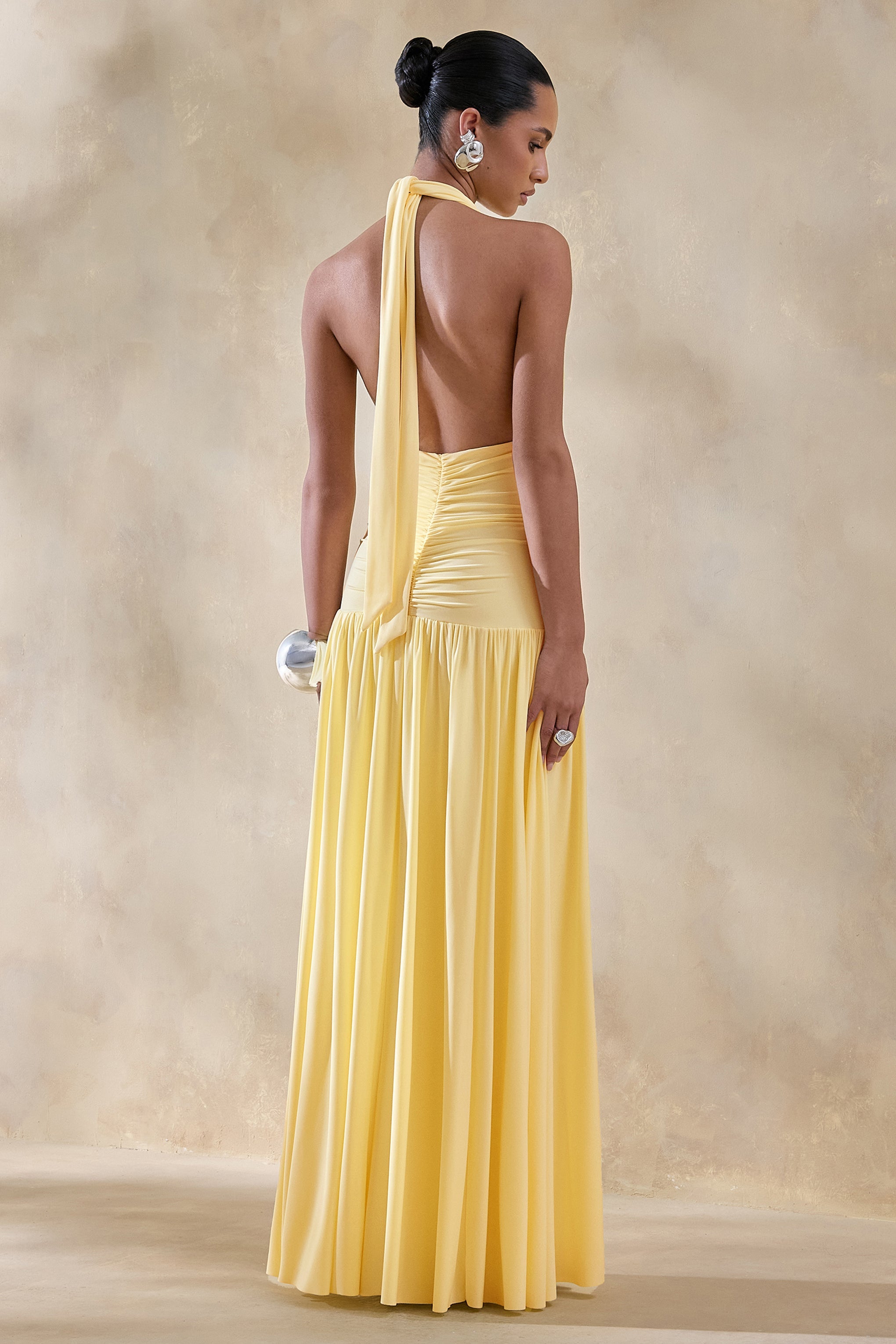 Karla  - Plunging Halterneck Yellow Maxi Dress