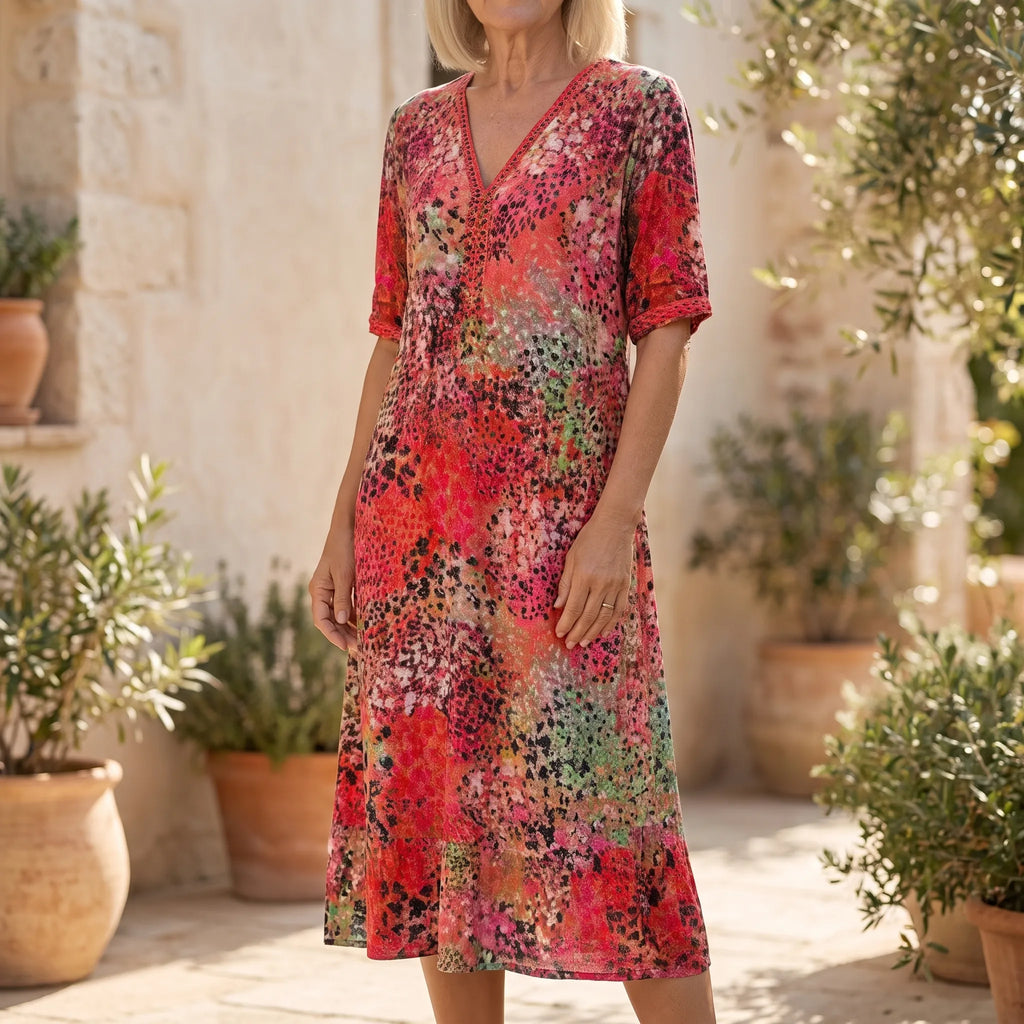 Kimberly  - Short-Sleeved Patterned Ladies Midi Dress