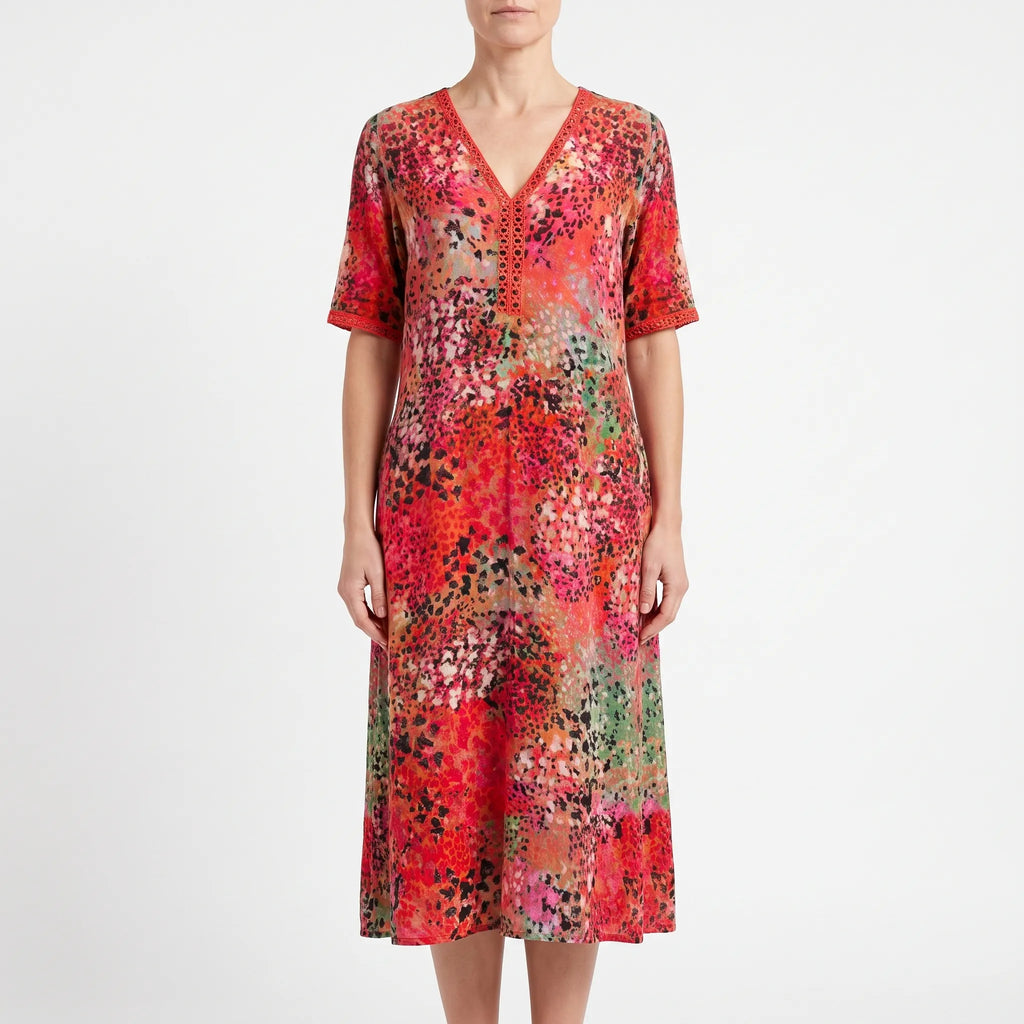 Kimberly  - Short-Sleeved Patterned Ladies Midi Dress