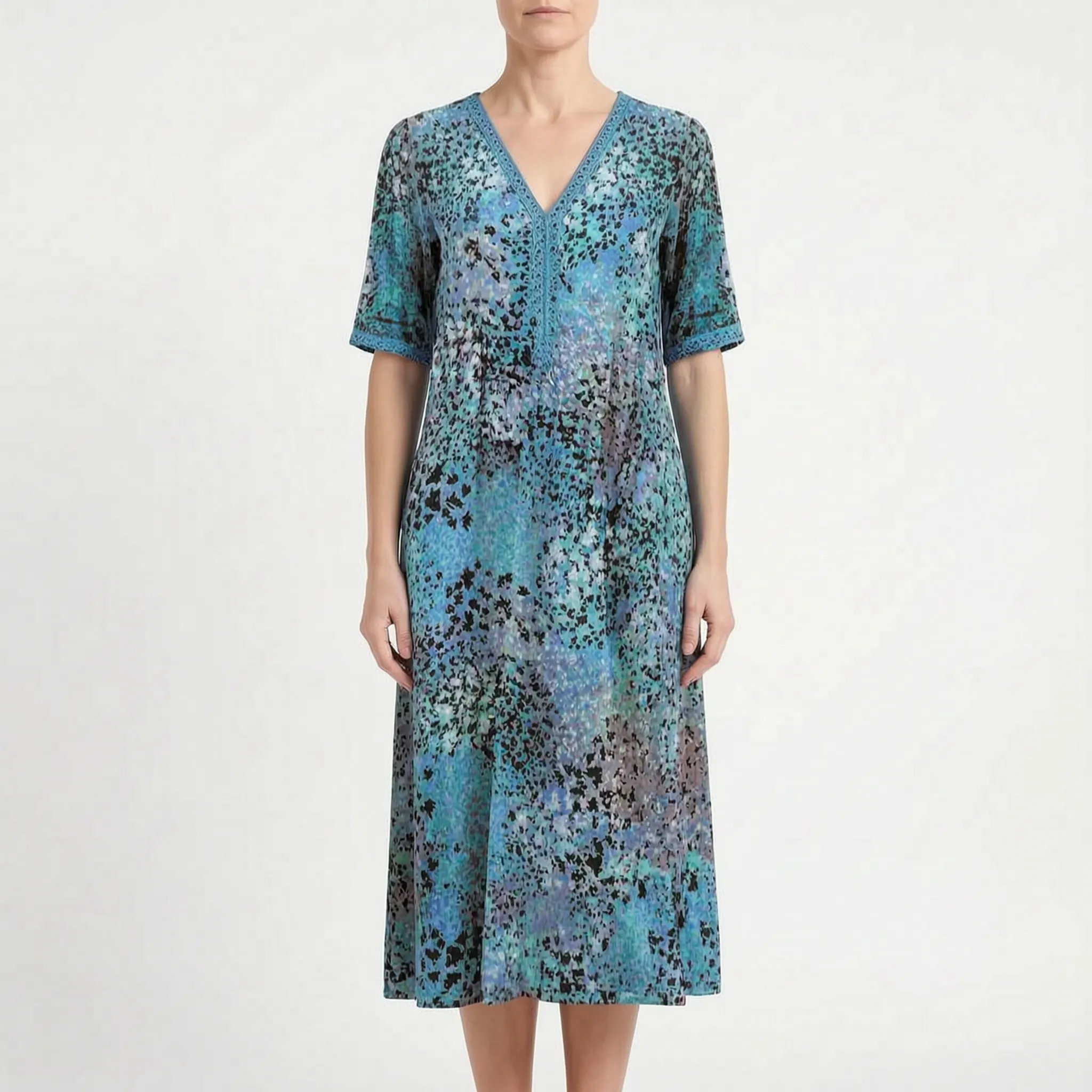 Kimberly  - Short-Sleeved Patterned Ladies Midi Dress