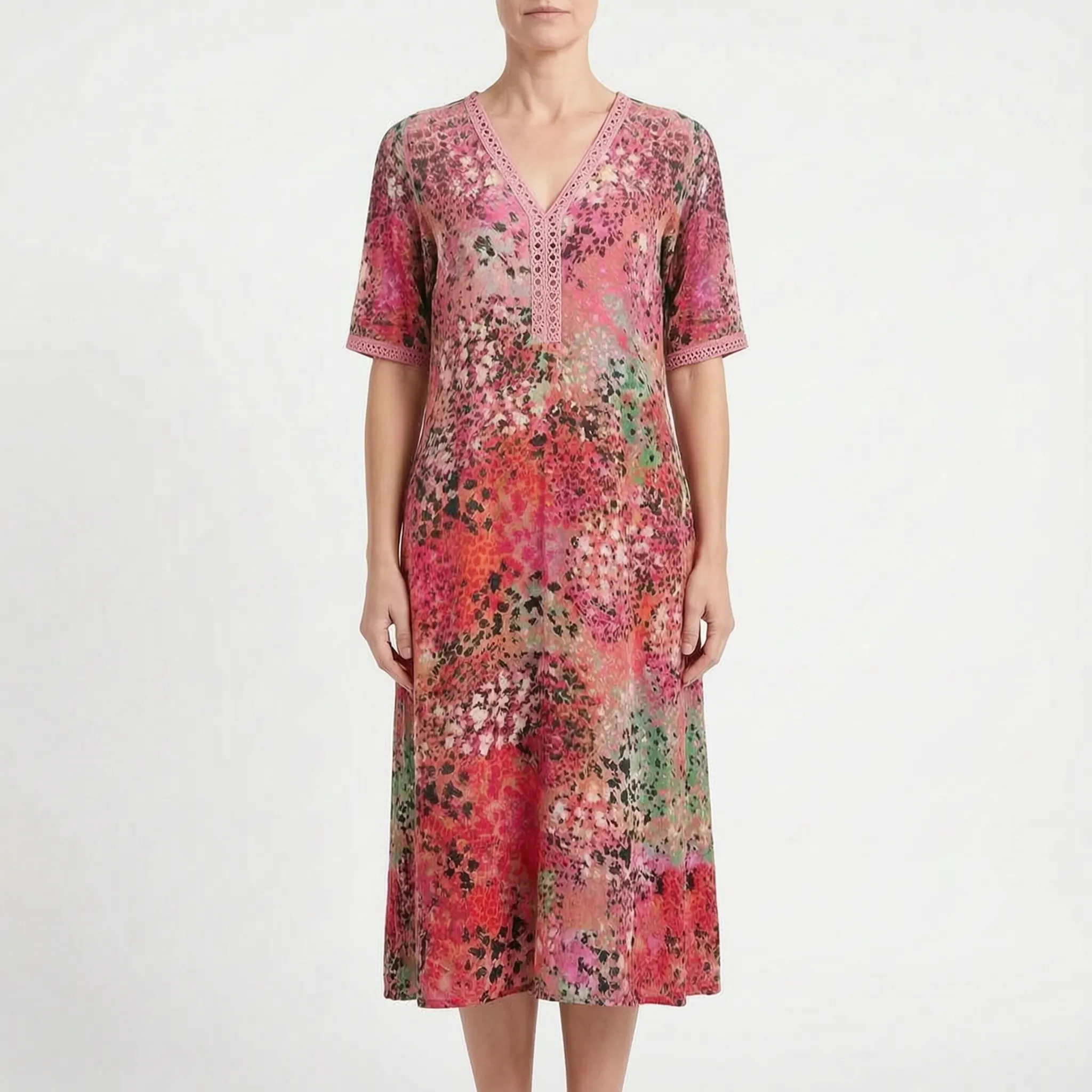 Kimberly  - Short-Sleeved Patterned Ladies Midi Dress