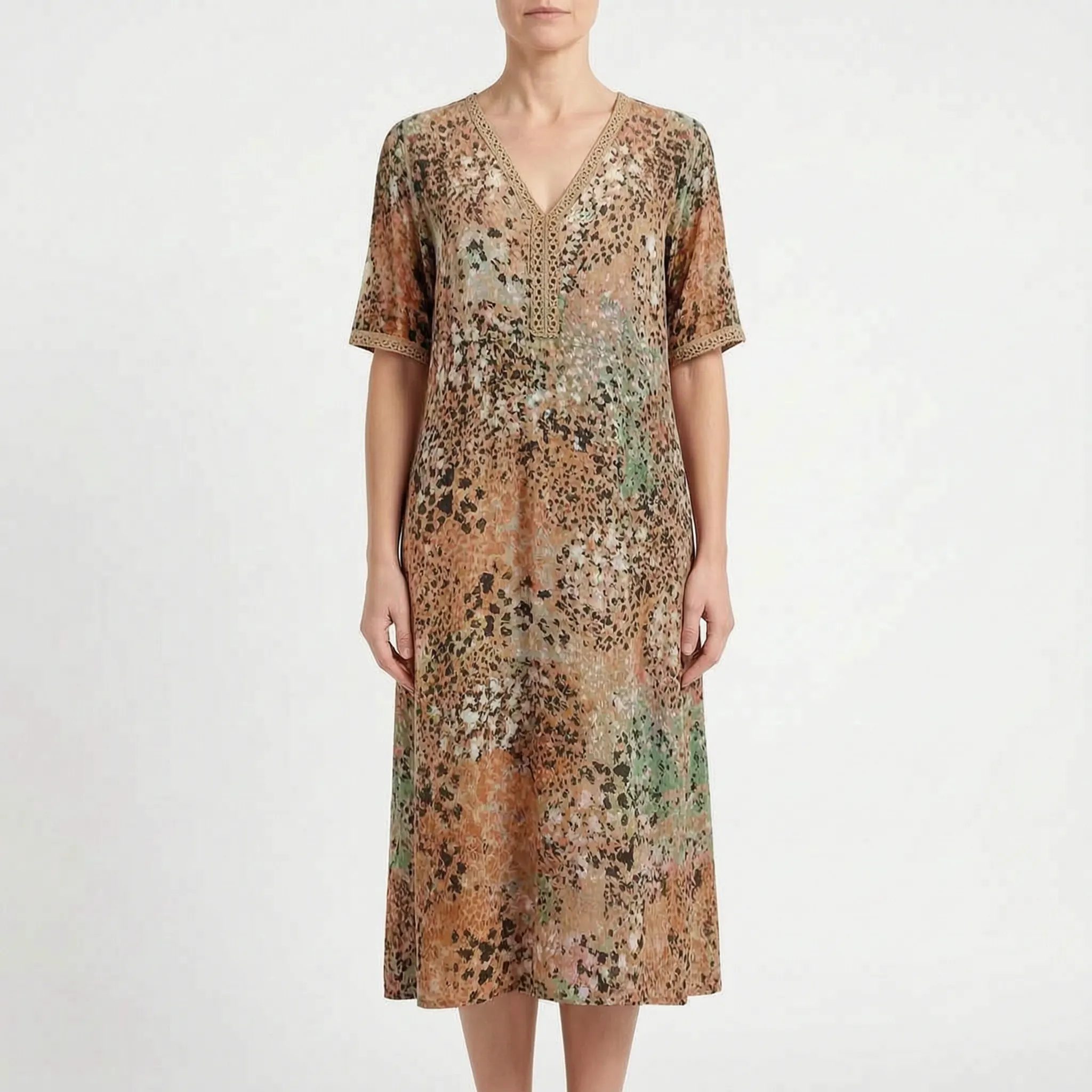Kimberly  - Short-Sleeved Patterned Ladies Midi Dress