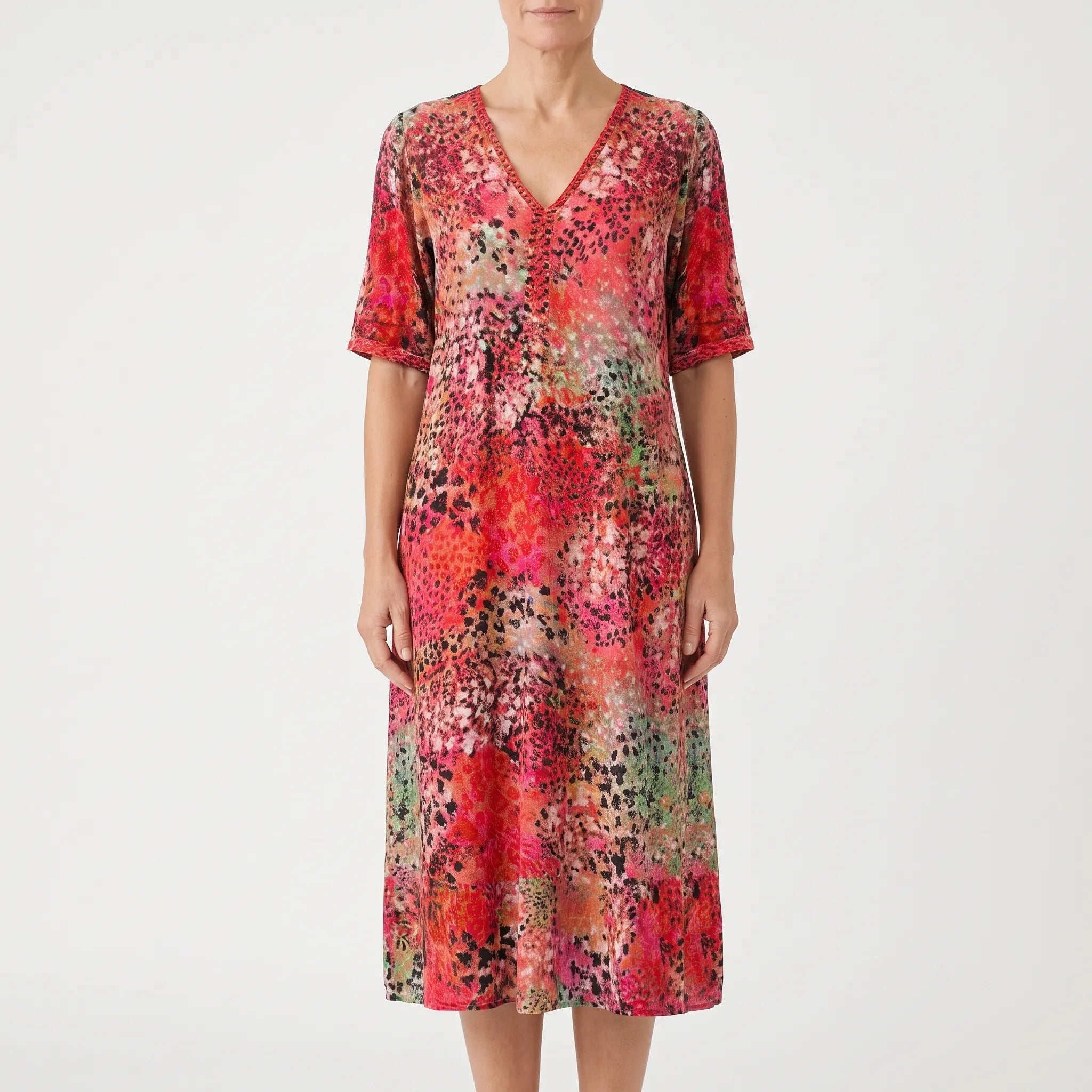 Kimberly  - Short-Sleeved Patterned Ladies Midi Dress