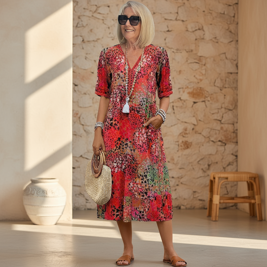 Kimberly  - Short-Sleeved Patterned Ladies Midi Dress