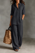 Modern Essentials | Wide-Leg Trousers and Button-Down Shirt Set with Breathable Fabric | Relaxed Fit for Everyday Comfort 0