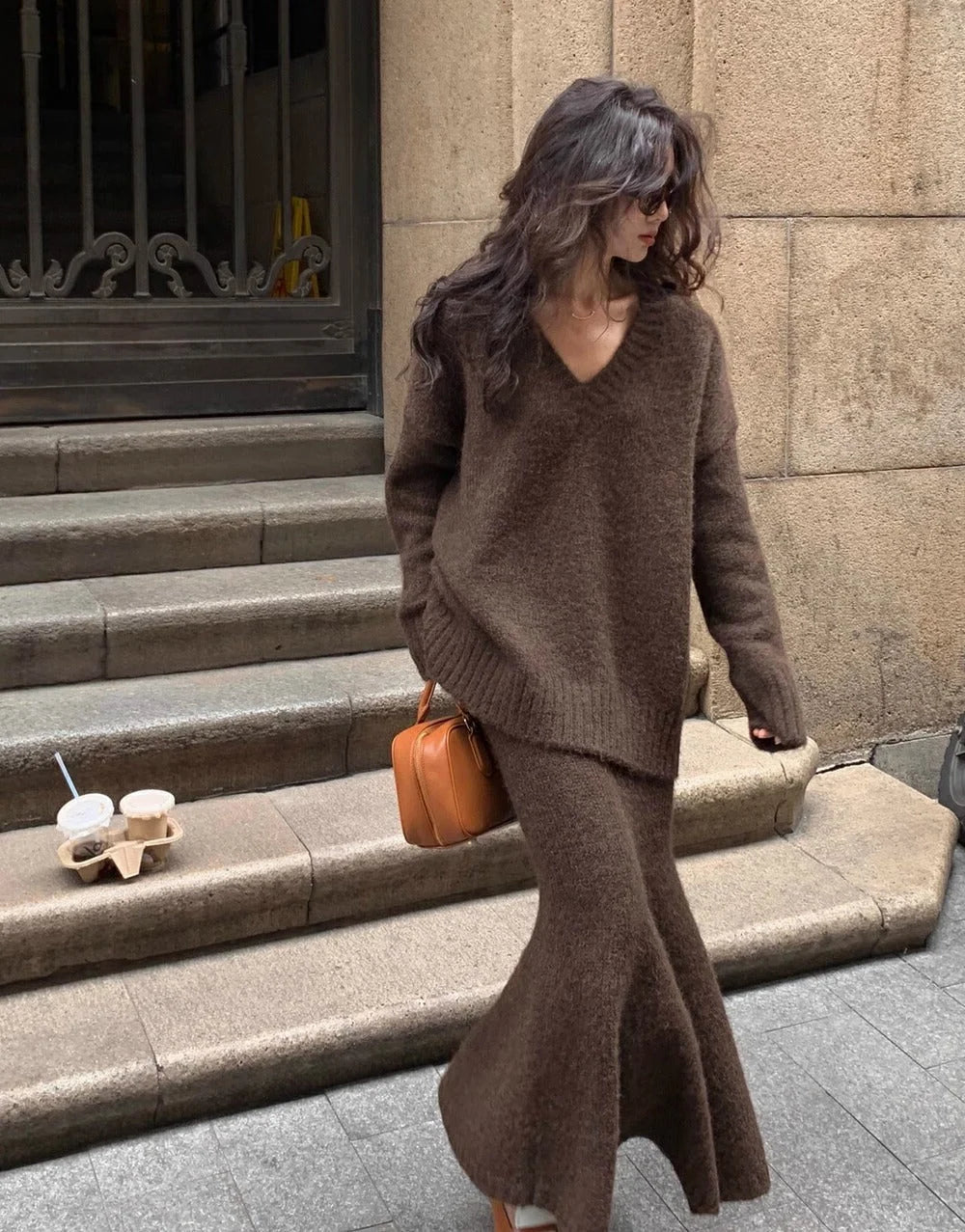 Morgan Collection | Women's Outfit Set with V-Neck Sweater & Flare Midi Skirt | Cozy Stylish Clothing for Effortless Elegance 0