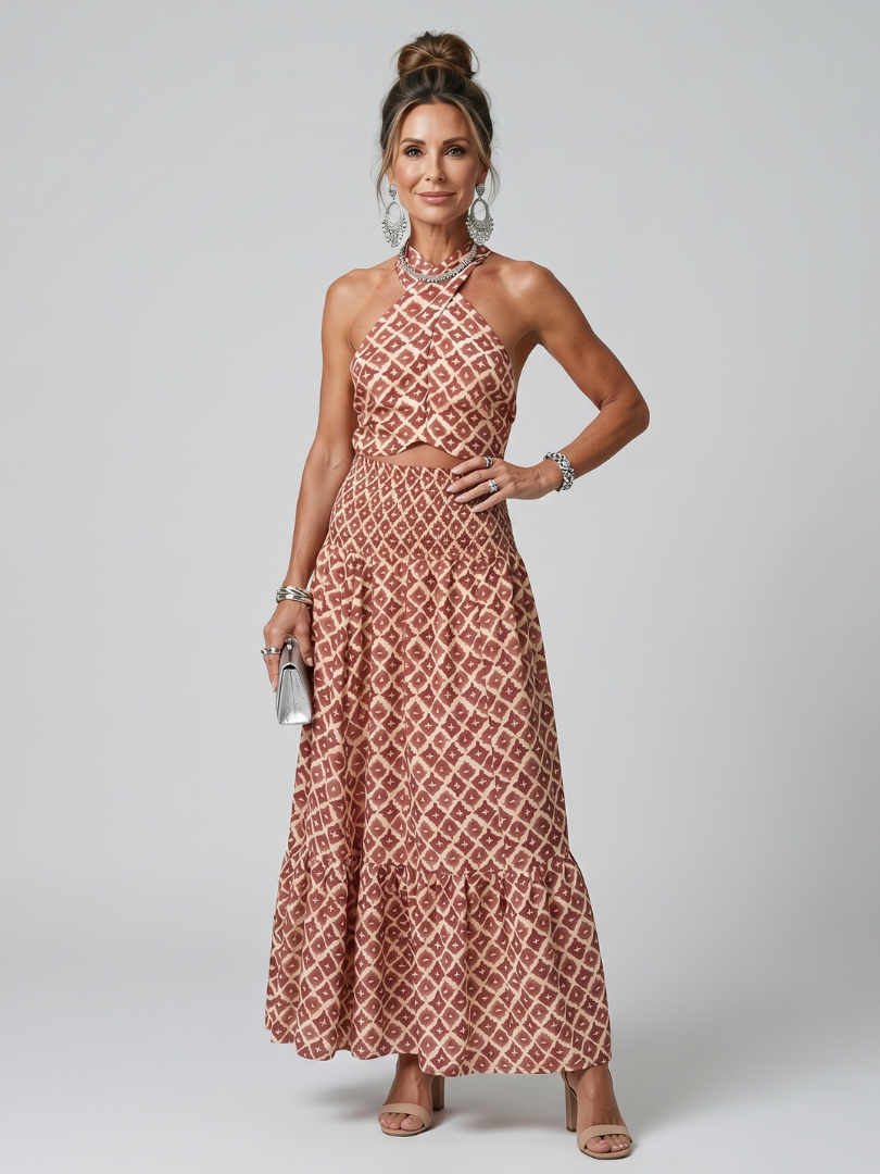 Nichole  - Geometric Pattern Sleeveless Midi Dress