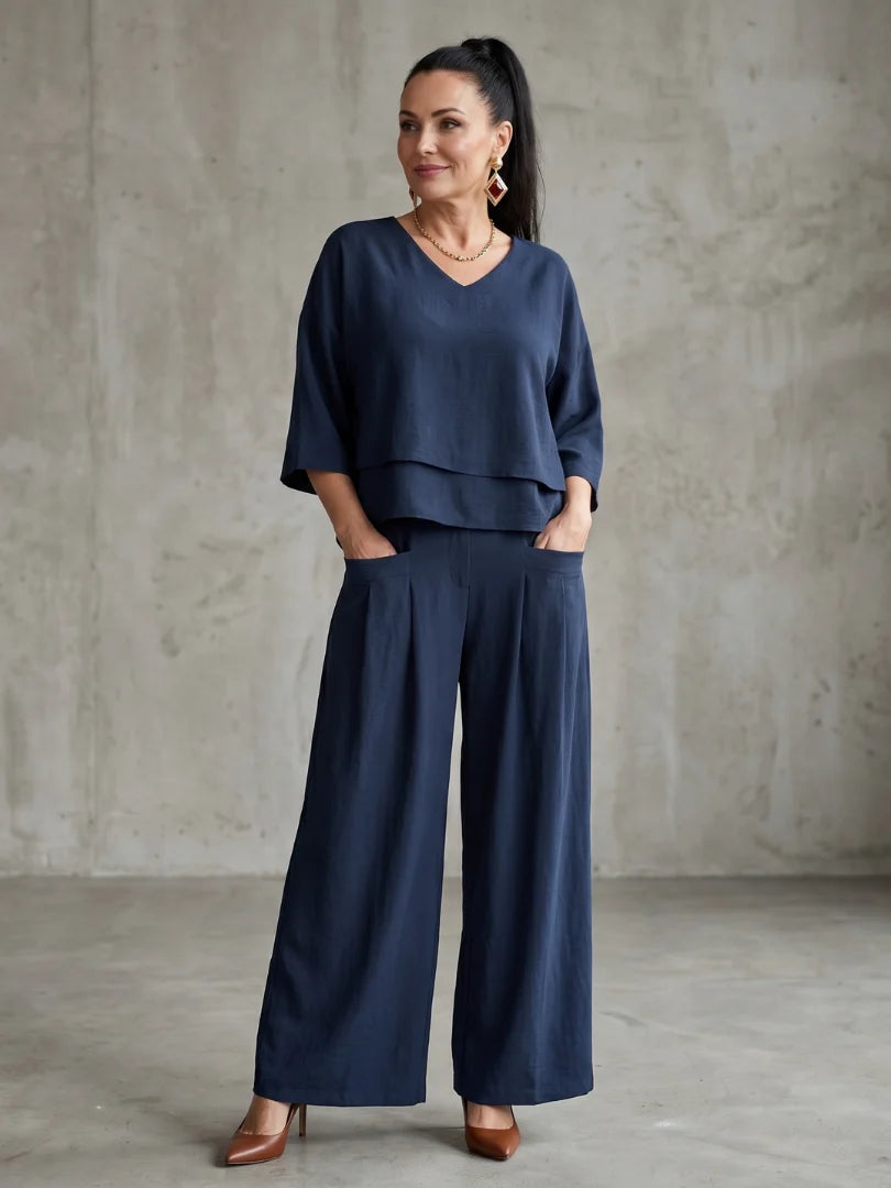 Serene Comfort | Women's Layered Loungewear Set with V-Neck Tunic & Wide-Leg Palazzo Pants for Relaxed Style 0