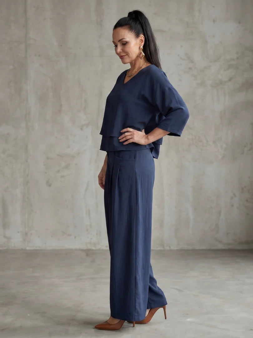 Serene Comfort | Women's Layered Loungewear Set with V-Neck Tunic & Wide-Leg Palazzo Pants for Relaxed Style 2