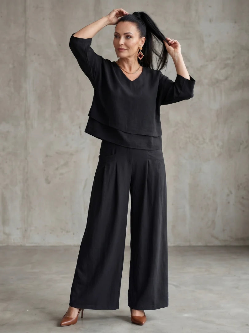 Serene Comfort | Women's Layered Loungewear Set with V-Neck Tunic & Wide-Leg Palazzo Pants for Relaxed Style 6