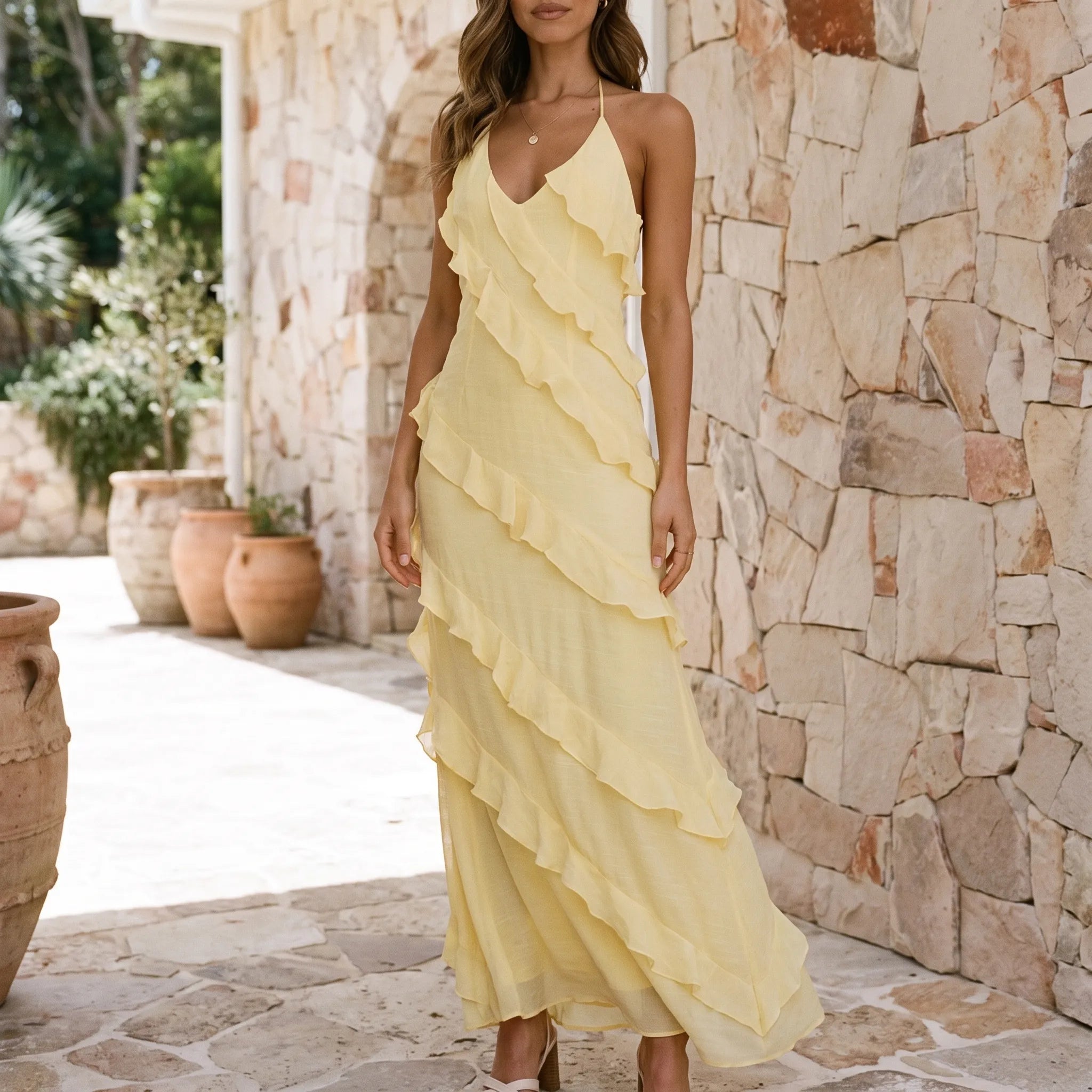 Stella  - Tiered Ruffle Halter Neck Maxi Dress