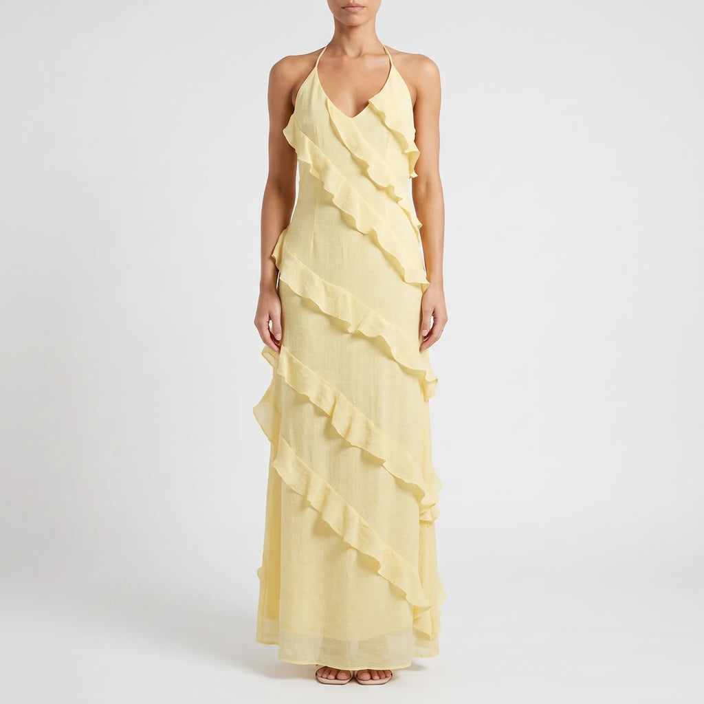 Stella  - Tiered Ruffle Halter Neck Maxi Dress