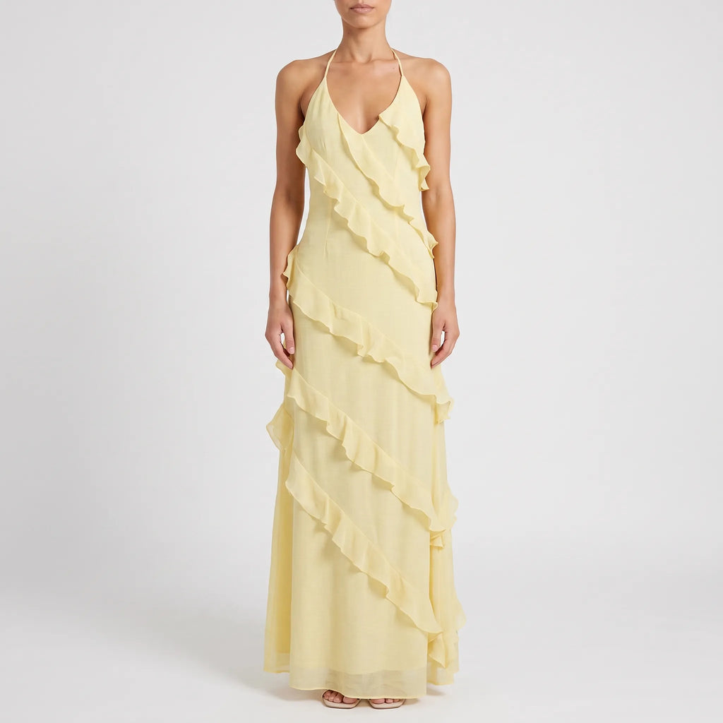 Stella  - Tiered Ruffle Halter Neck Maxi Dress