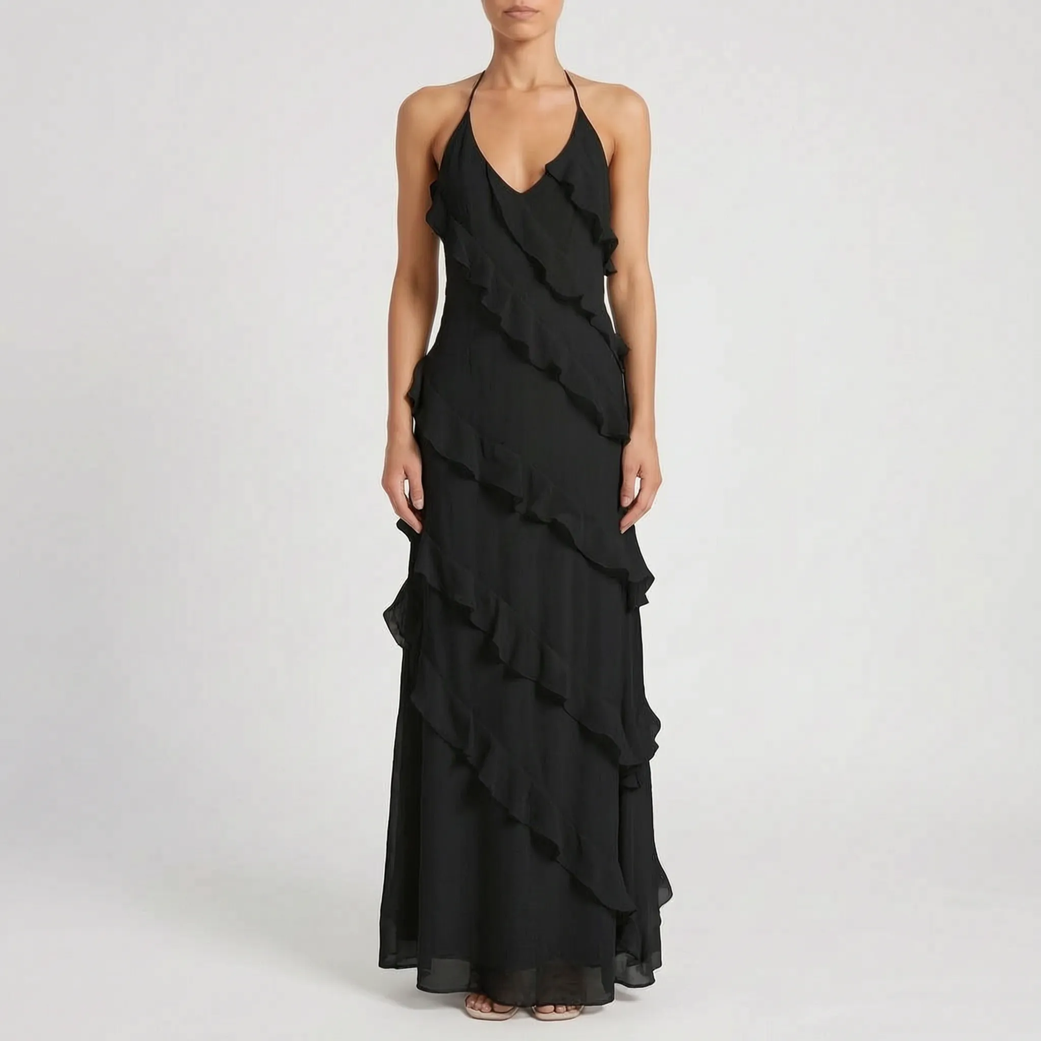 Stella  - Tiered Ruffle Halter Neck Maxi Dress