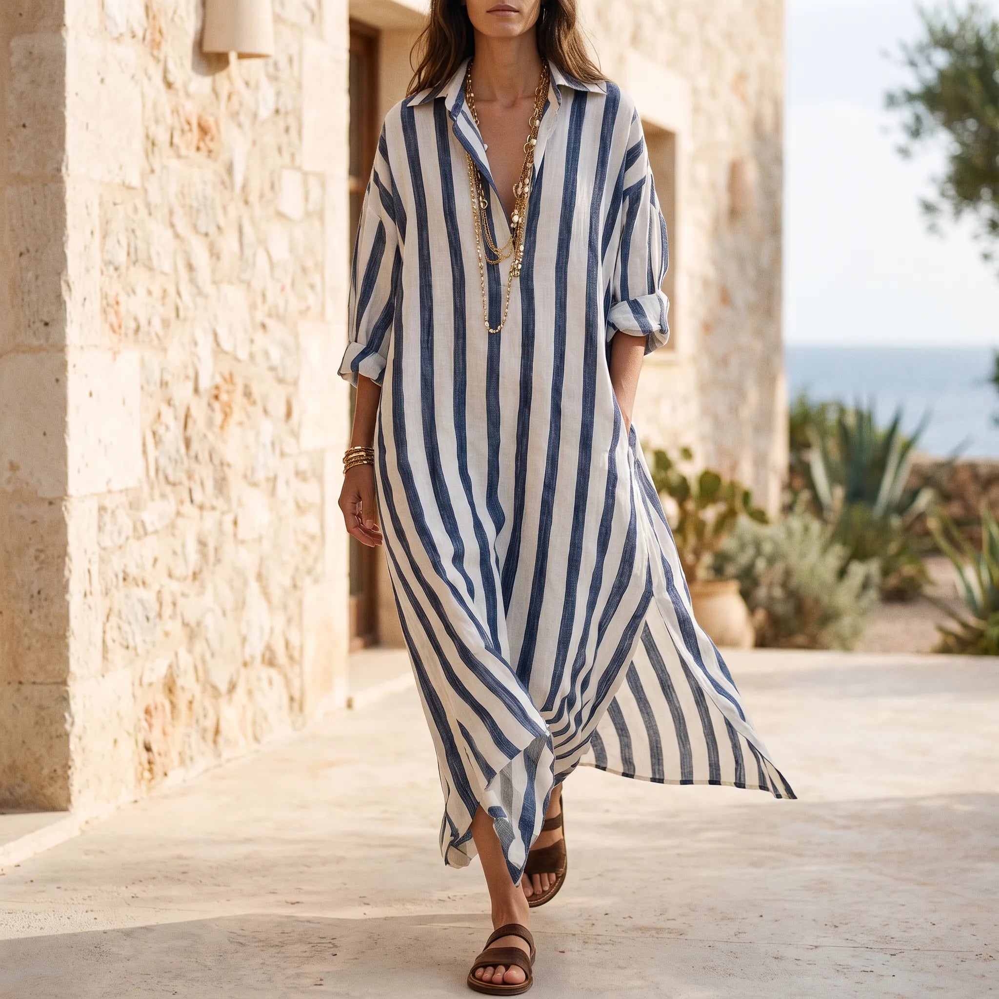 Tracy  - Casual Striped Midi Shirt Dress