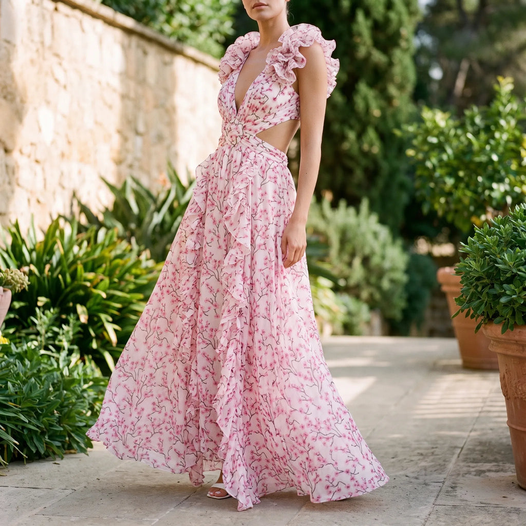 Violet  - Pink Floral Ruffled Maxi Dress