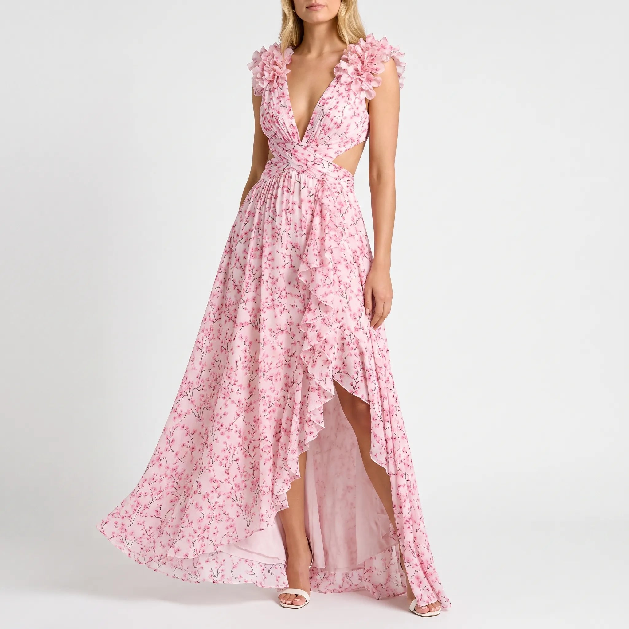 Violet  - Pink Floral Ruffled Maxi Dress