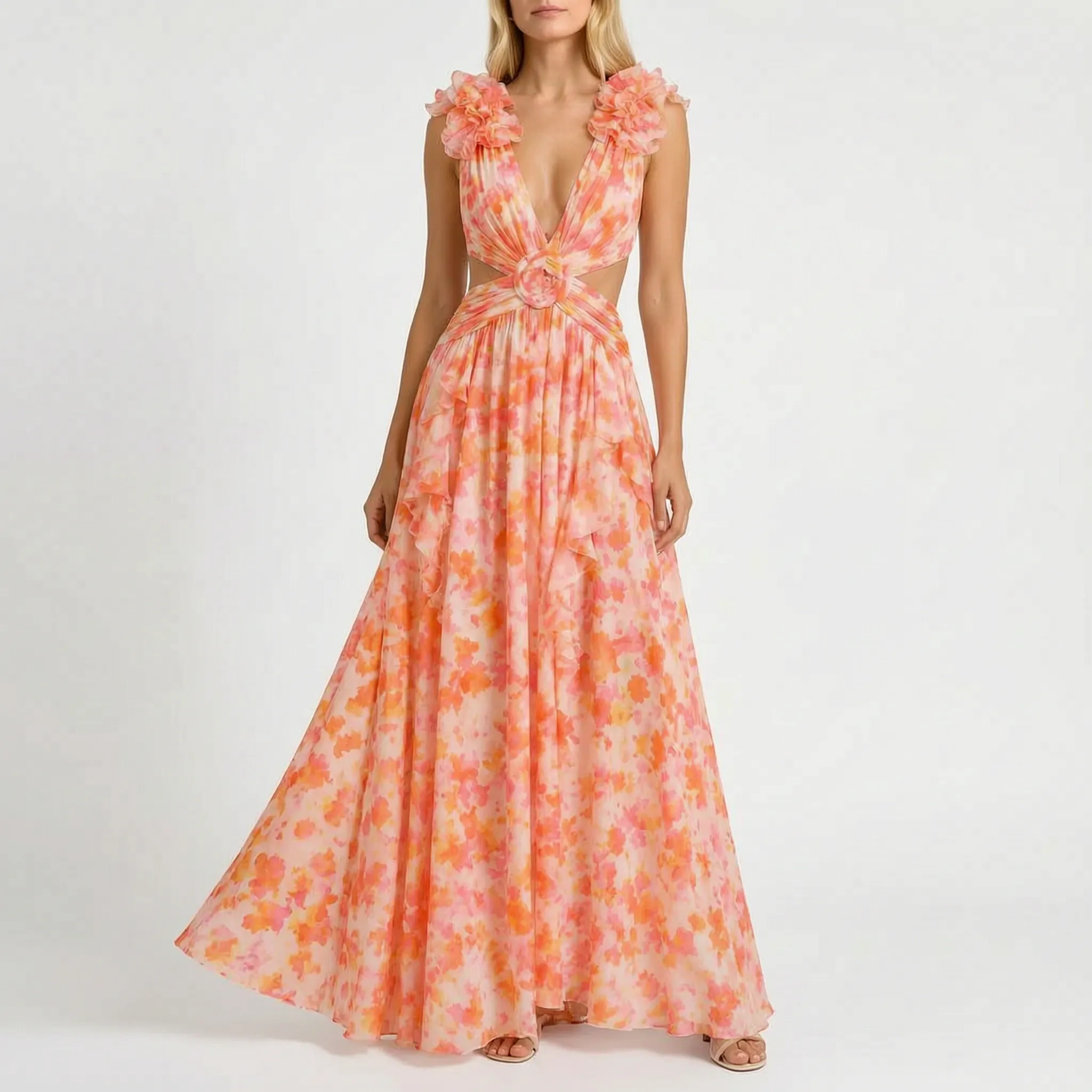 Violet  - Pink Floral Ruffled Maxi Dress