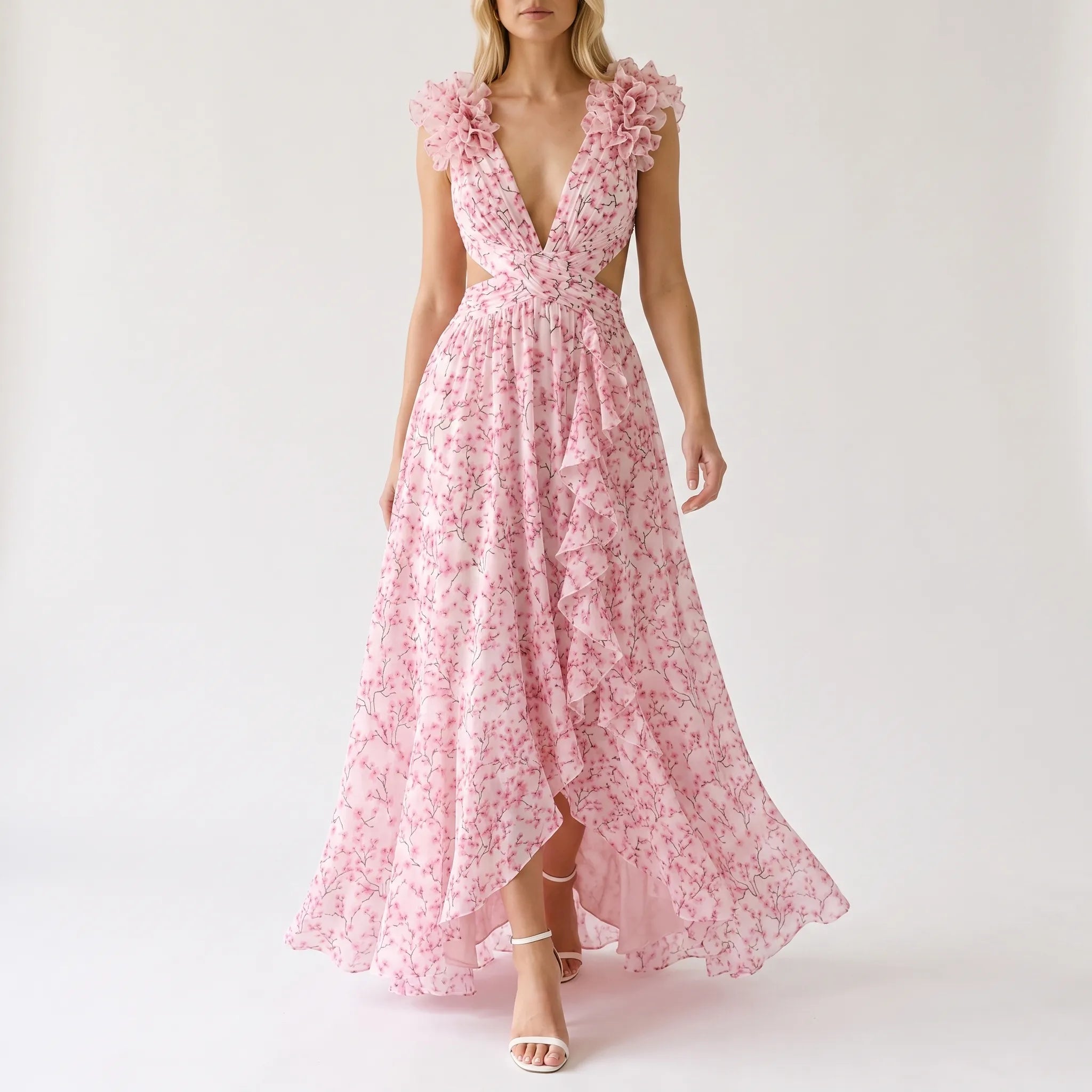 Violet  - Pink Floral Ruffled Maxi Dress