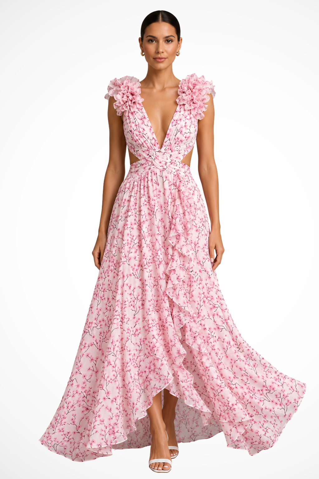 Violet  - Pink Floral Ruffled Maxi Dress