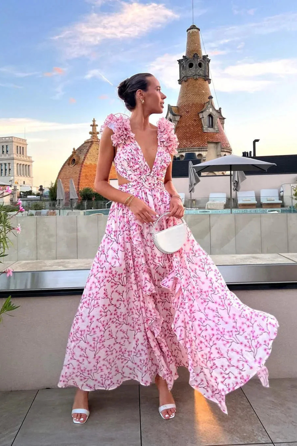 Violet  - Pink Floral Ruffled Maxi Dress