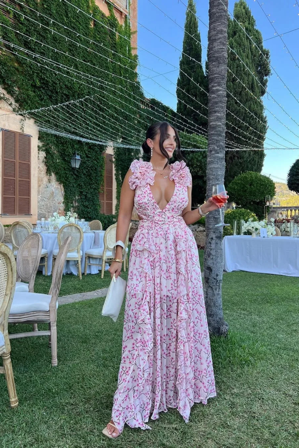 Violet  - Pink Floral Ruffled Maxi Dress